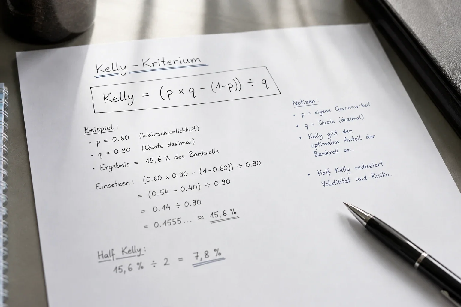 Kelly-Kriterium Tennis Kombiwetten Anwendung: Formel für optimale Einsatzgröße basierend auf Eigenwahrscheinlichkeit
