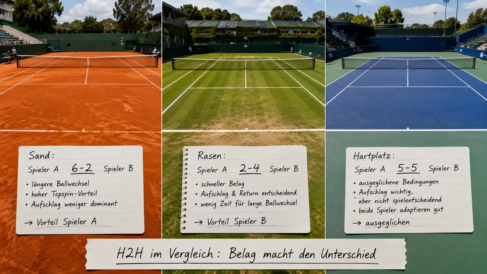 Belagspezifische H2H Tennis Kombiwetten Hartplatz Sand Rasen Direktvergleiche Belag-Analyse