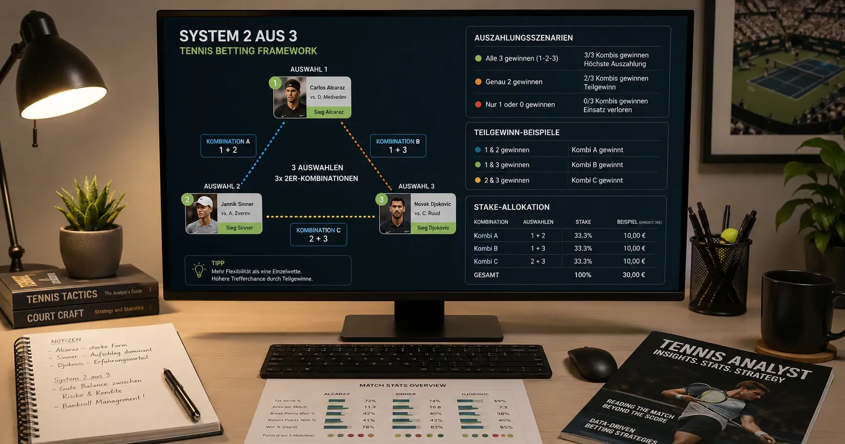 Systemwette 2 aus 3 beim Tennis: Risikomanagement für Kombiwetten mit drei Selektionen erklärt