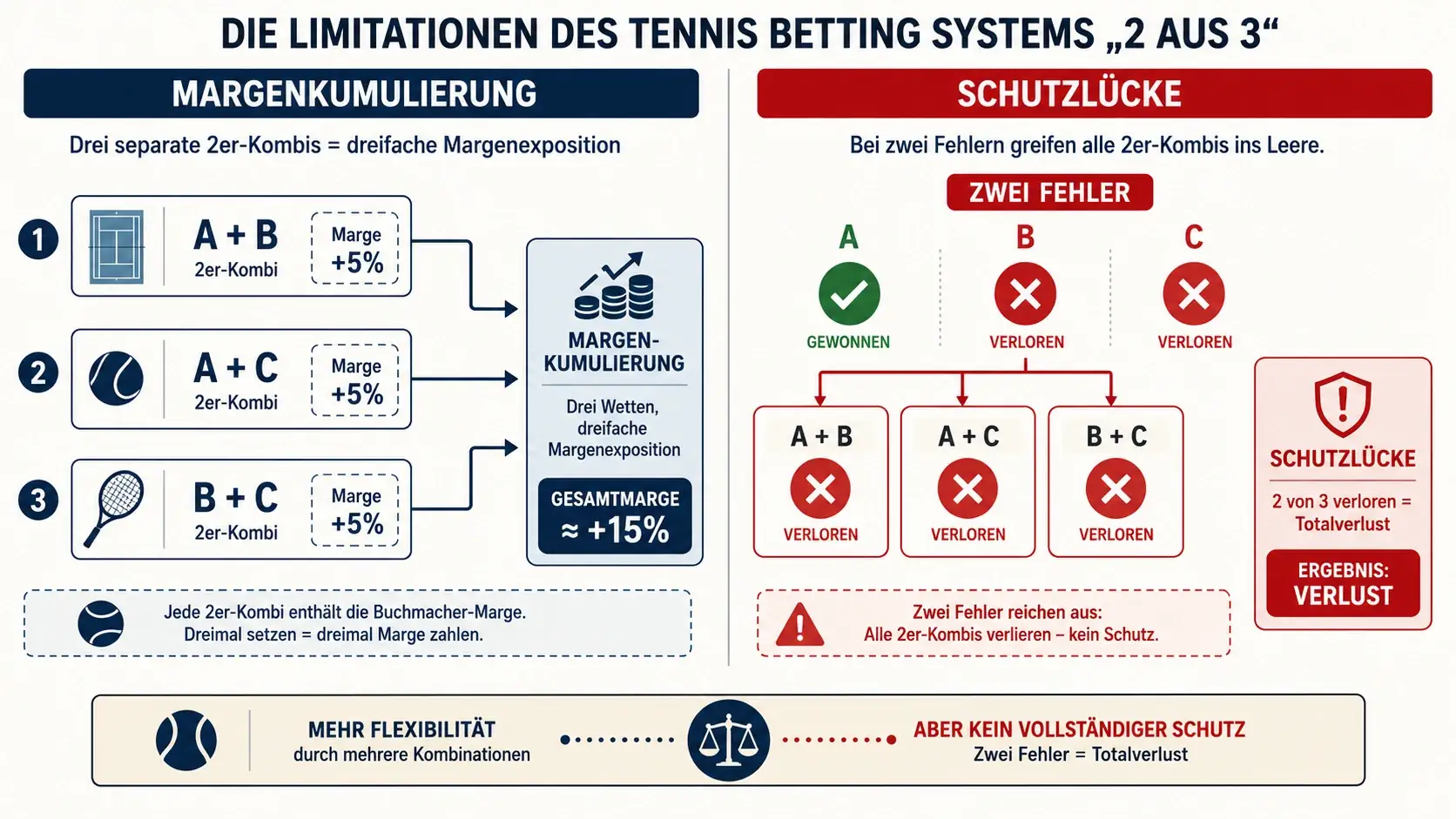 Grenzen des Systems 2 aus 3 beim Tennis: Margenkumulierung und Schutzlücken bei mehreren Fehlern erklärt