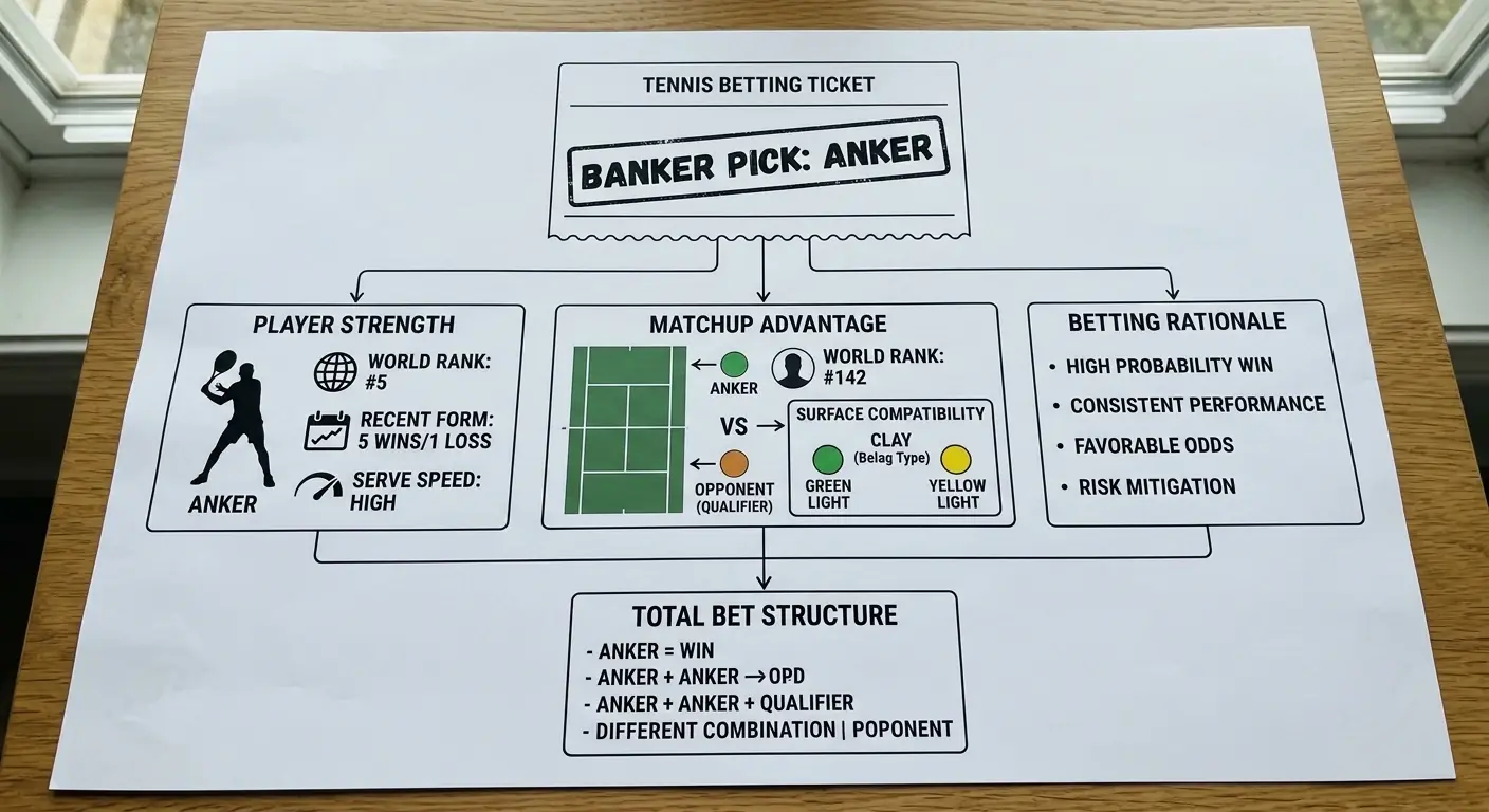 Schematische Darstellung eines Tennis-Tippscheins mit hervorgehobenem Banker als Anker-Auswahl