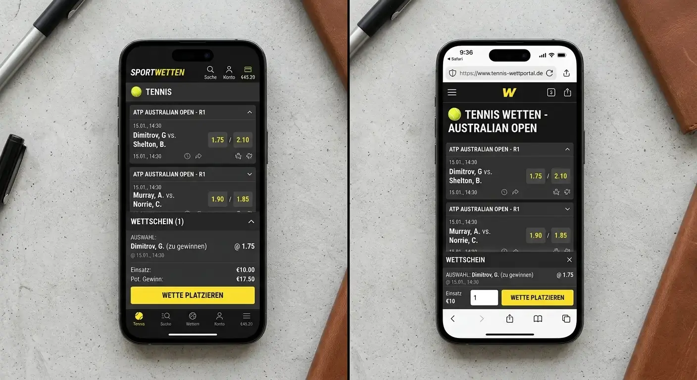 Vergleich von Tennis-Kombiwetten über native App und mobilen Browser auf Smartphone