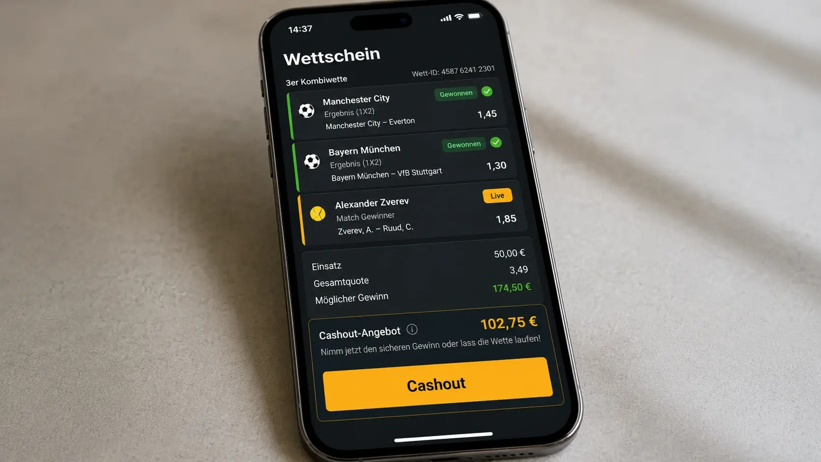 Cashout-Funktion in Tennis-Wetten-App zeigt Auszahlungsbetrag für laufenden Kombischein