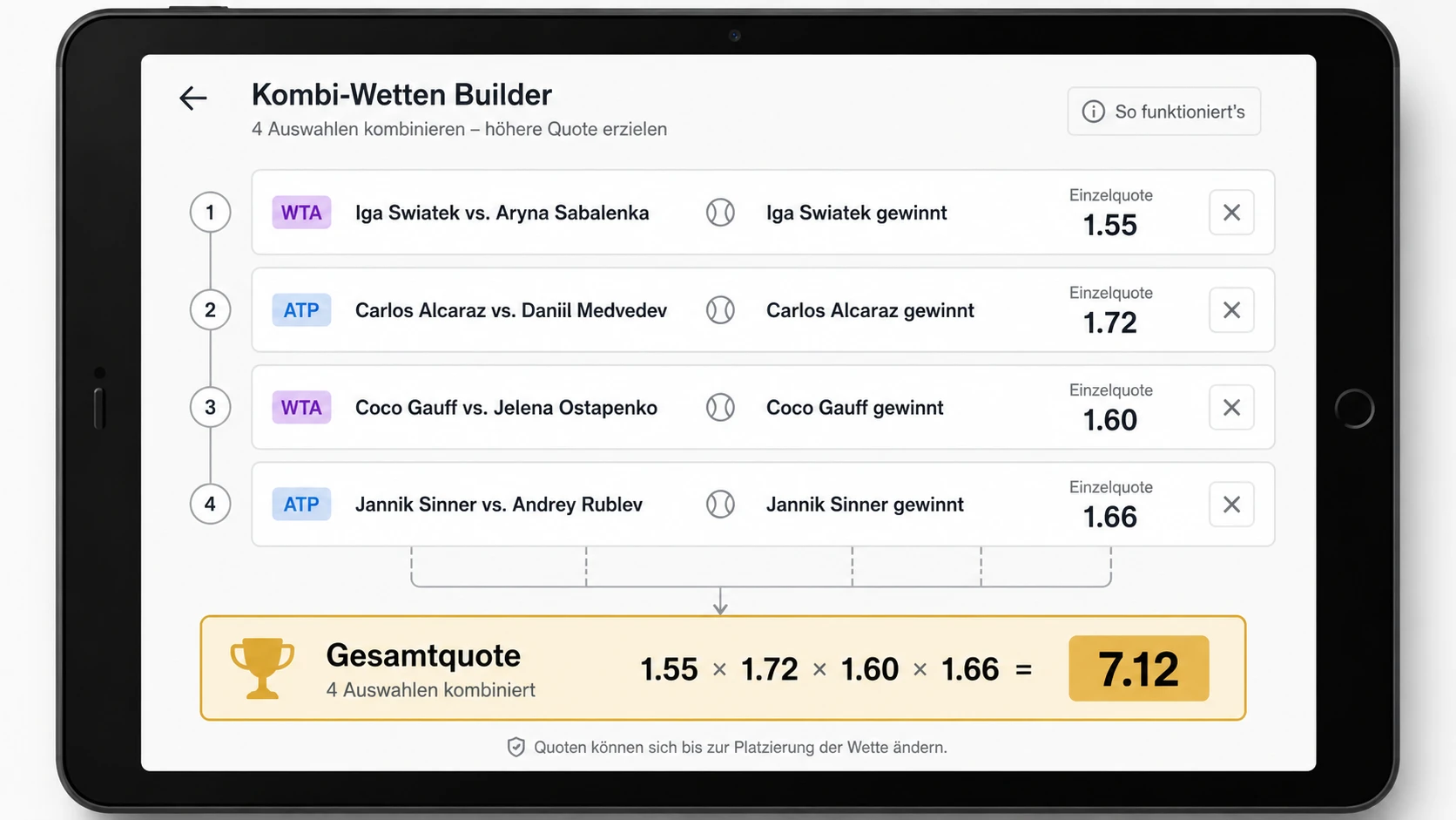 Kombinationsschein-Builder in Tennis-Wetten-App mit Einzel- und Gesamtquoten in der Übersicht