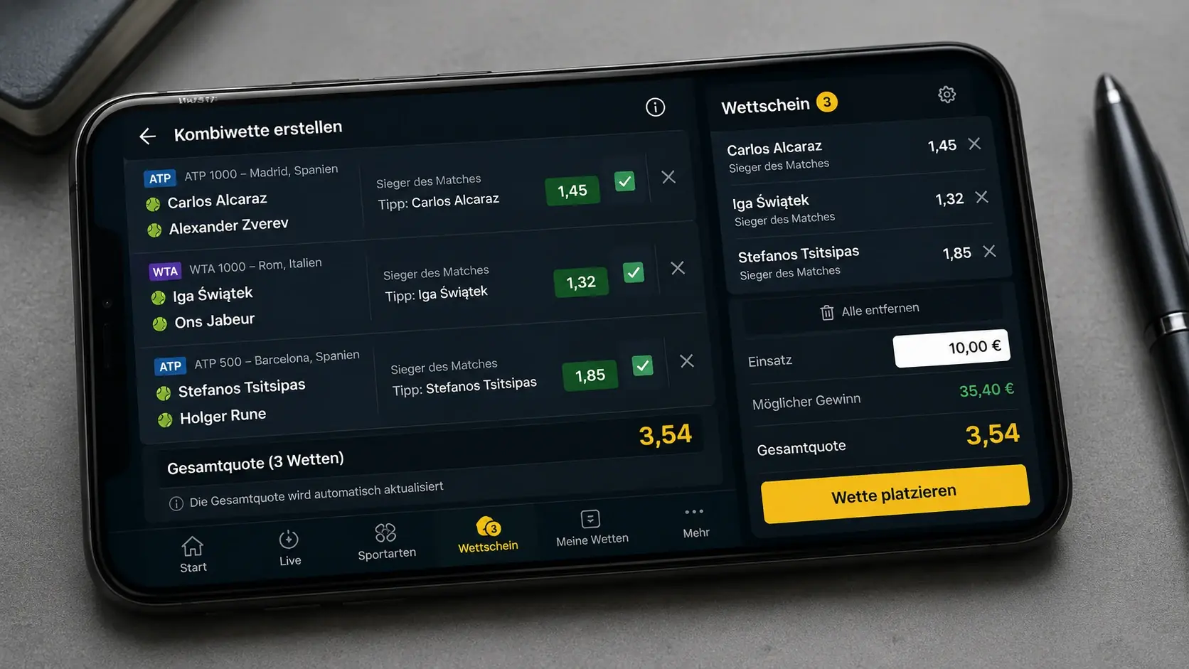 Tennis Kombiwetten App-Interface mit Tippschein-Ansicht und Gesamtquote auf mobilem Gerät