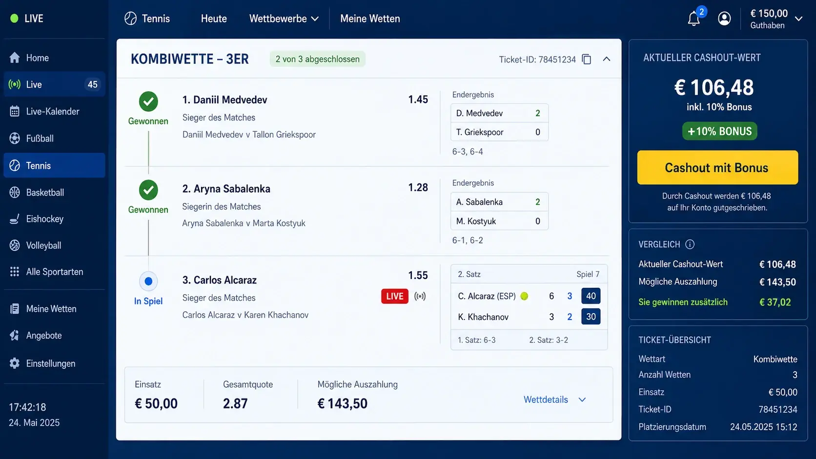 Tennis Kombischein Cashout-Promotion: Frühzeitiger Ausstieg mit Bonus-Cashout bei laufendem Tippschein