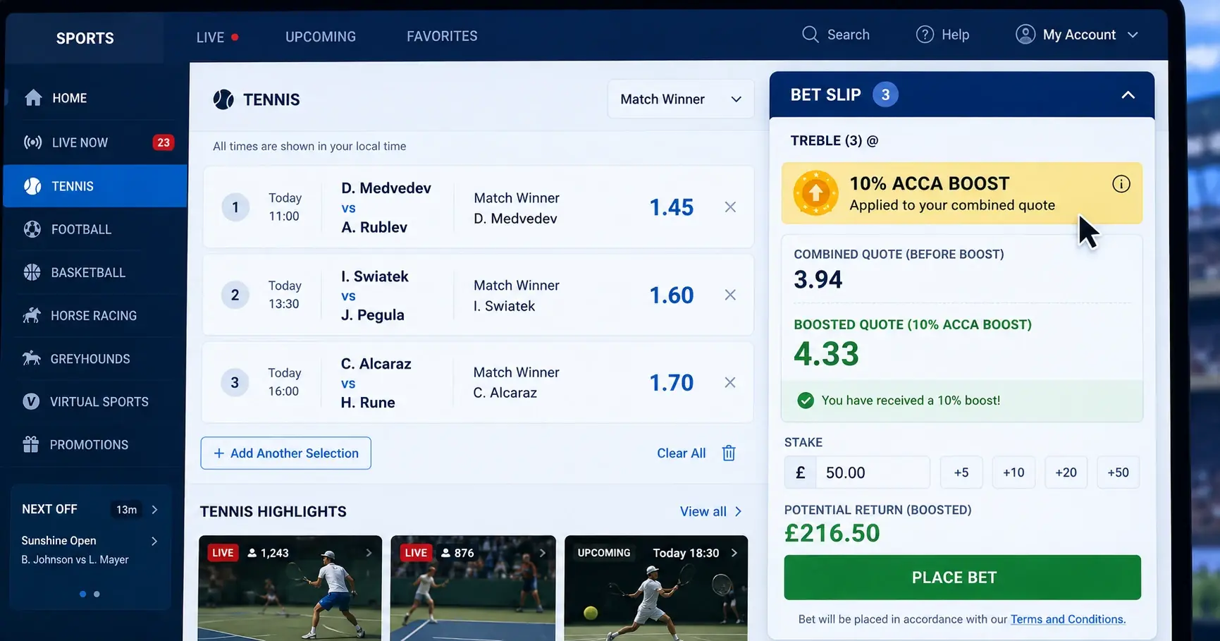 Tennis Kombiwetten Bonus Acca Boost: Kombischein-Promotion auf digitalem Wettschein-Interface eines deutschen Buchmachers