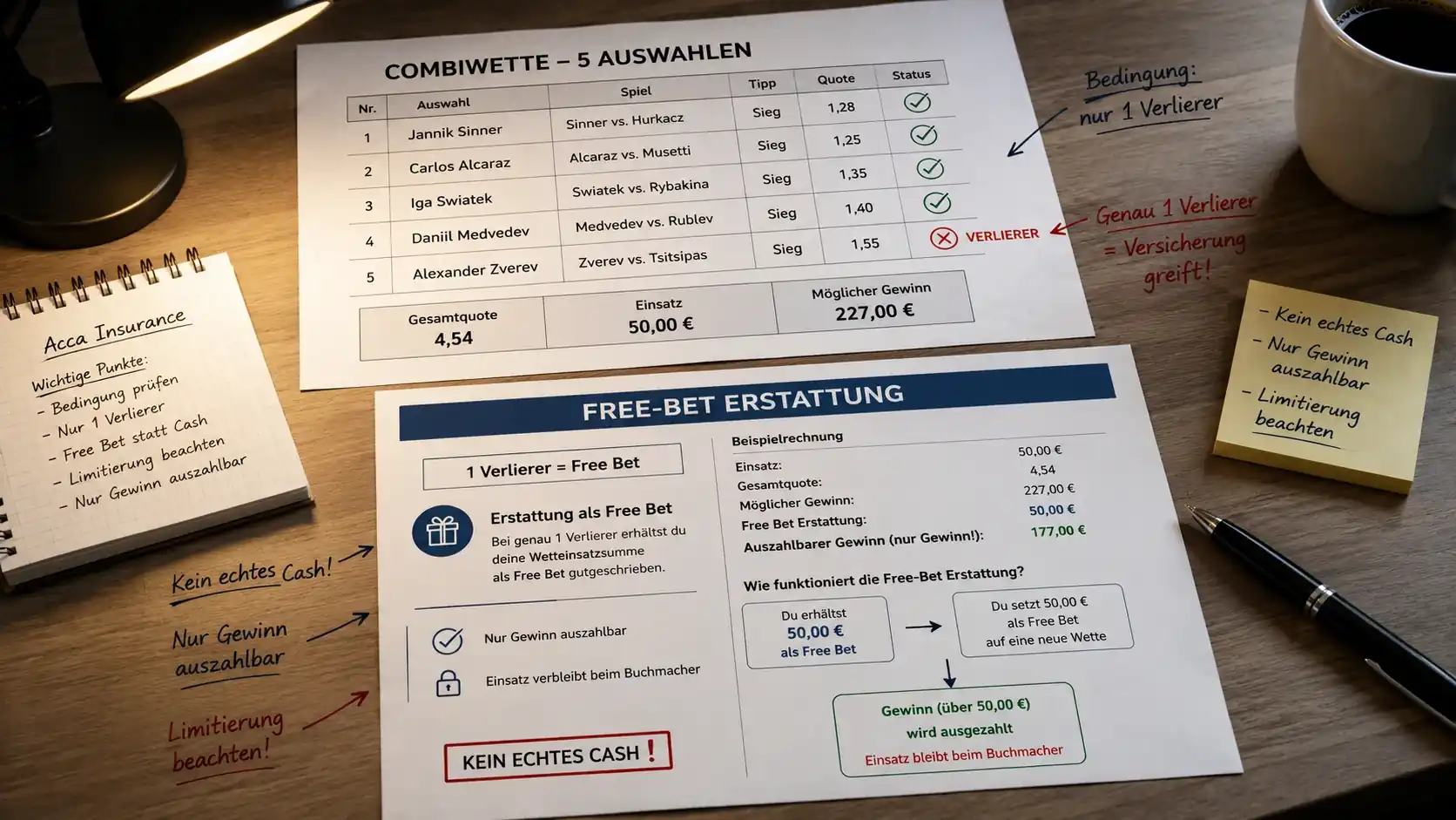 Tennis Kombi-Versicherung Mechanik: Acca Insurance Bedingungen und Free-Bet-Auszahlungslogik erklärt