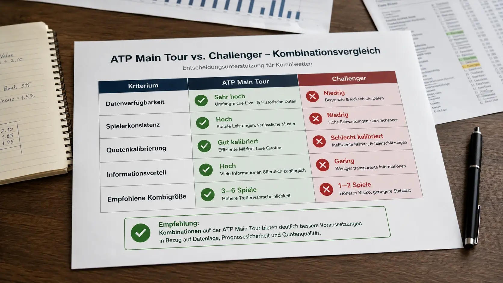 Strategievergleich ATP Haupttour vs. Challenger für Tennis Kombiwetten: Warum die Haupttour die stabilere Basis liefert
