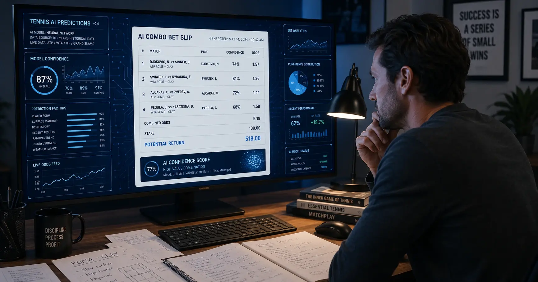 Tennis Kombiwetten KI-Generator: Automatisierter Tippschein auf digitalem Dashboard mit Quotenanalyse