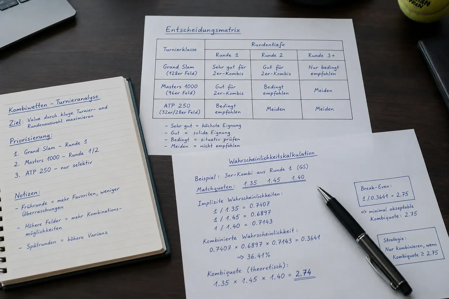 Entscheidungsmatrix Tennis Kombiwetten Turnierphasen Runde und Turnierklasse kombiniert bewertet