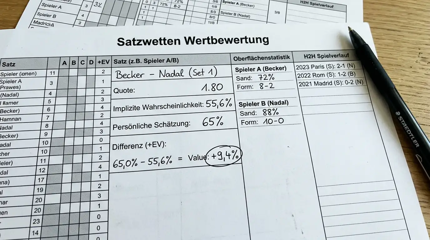 Bewertungsprozess für den Wert eines Tennis-Satzmarkts vor der Aufnahme in einen Kombischein